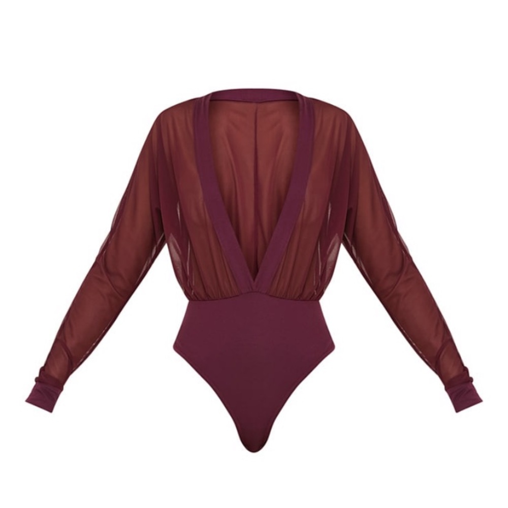PrettyLittleThing Wine Mesh Plunge Thong Bodysuit - Picture 4 of 10